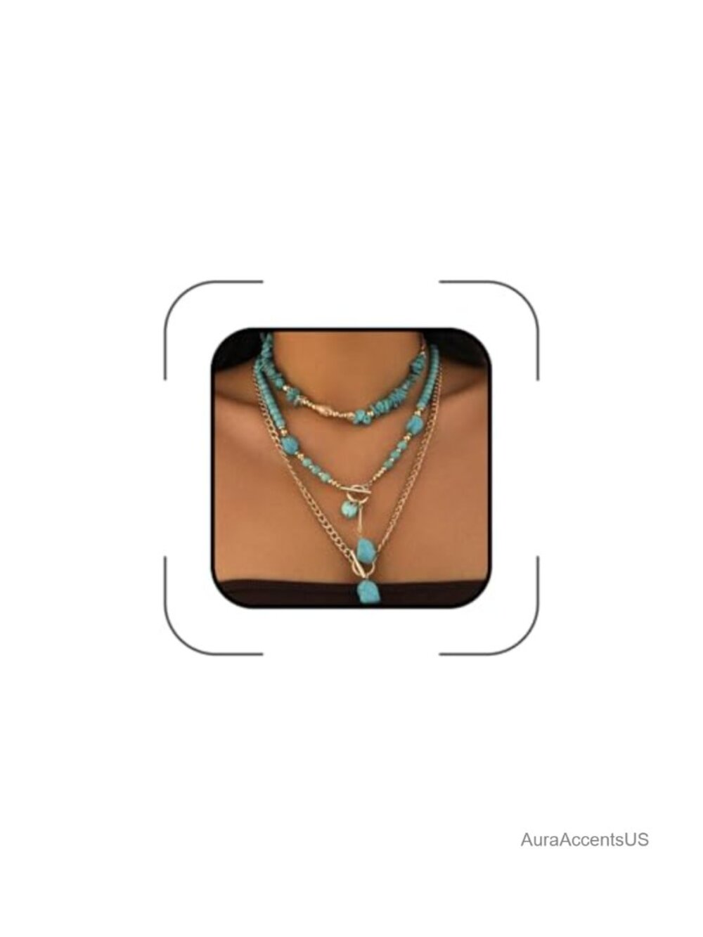 Boho Western Turquoise Beaded Layered Necklace Set with Cow Cactus Pendant